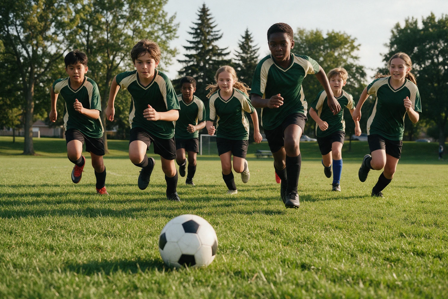Illustrative youth soccer teammates in green and cream jerseys playing together on a sunlit community pitch